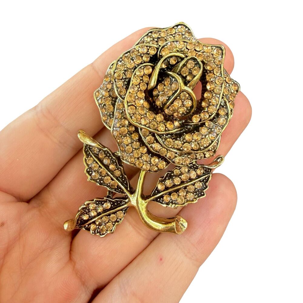 Vintage Jewelry Rose Brooch Rhinestone Flower Pin Brown Flower